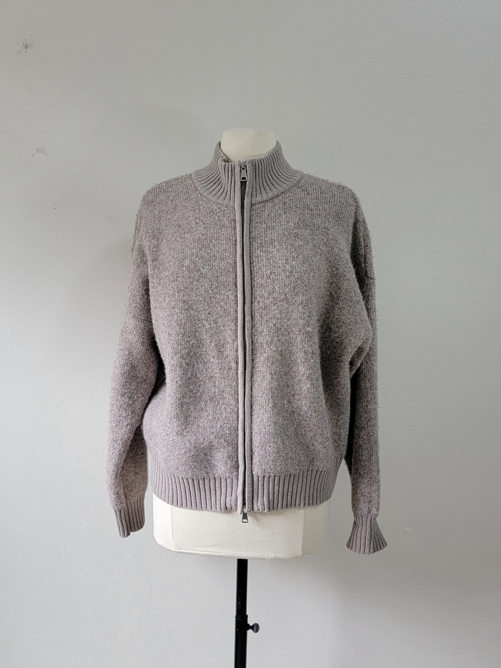 Marled Zip-Up Knit Sweater in Light Taupe